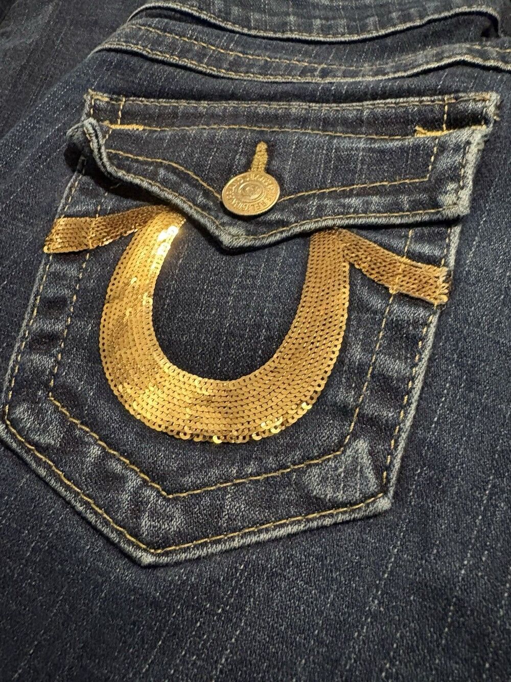 WOMENS TRUE RELIGION JOEY GOLD SEQUINS HORSESHOE BOOT CUT JEANS 29x32.5-Rare!! - Picture 4 of 11